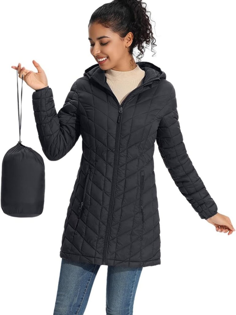 Lightweight Packable Puffer Jacket with Hood | Mid-Length Quilted Winter Coat